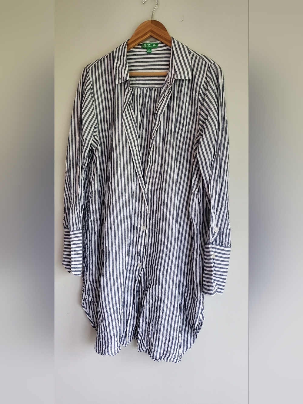 J. Crew Navy and White Vertical Linen Striped Shirt Dress Size XL - Picture 3 of 11